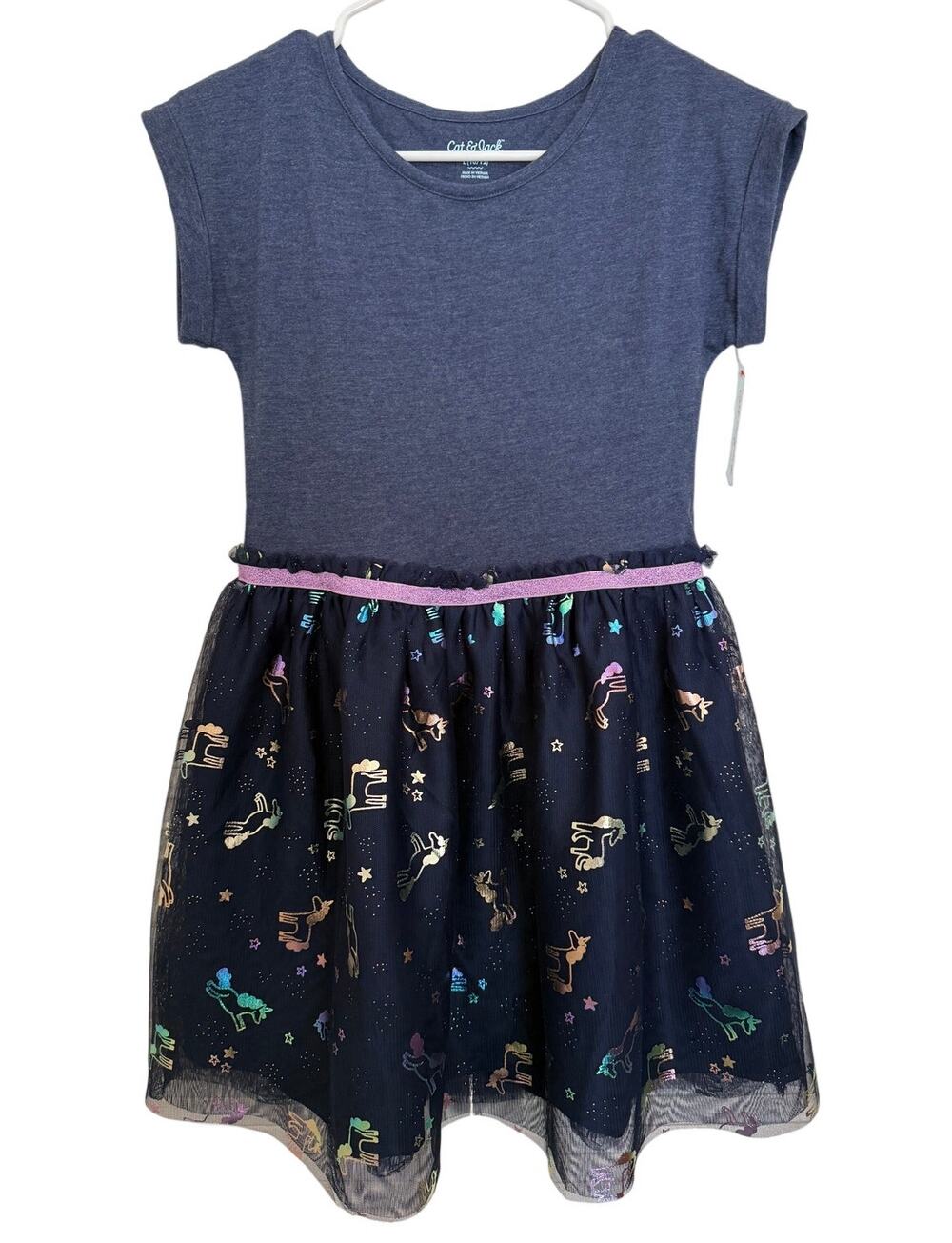 Cat Jack Rainbow Navy Unicorn Dress Large 10/12 NEW Whymsical Dress Up Glittery